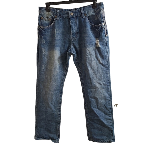 Fiend Denim Co. Light Wash Distressed Straight Leg Heavy Stitching Jeans 36 x 32 - Picture 3 of 7